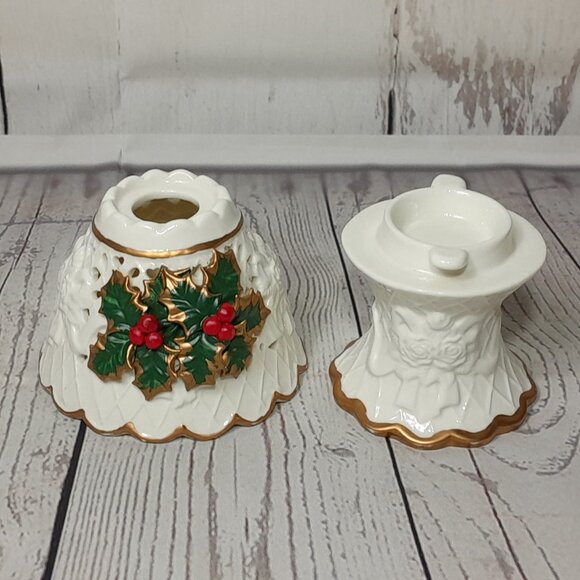 Poinsettia Christmas Tea Light Candle Holder 2pc Gold Red Green Ceramic 7" - Picture 6 of 11